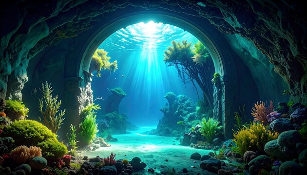 Underwater Cave Entrance with Sunlight Rays and Coral Reef Scenery - Powered by Adobe