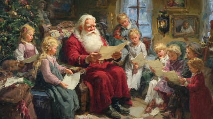 In a cozy indoor setting, an older man with a long white beard and red clothes sits surrounded by children