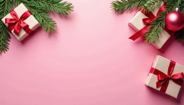 Pink holiday background; fir branches, gift boxes , aesthetic, present, gift