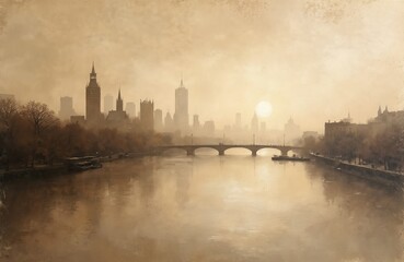 Obraz premium Aged sepia cityscape with riverside view, featuring bridge spanning calm river, with silhouettes of historic architecture, modern buildings in background. Fog, mist create vintage, artistic