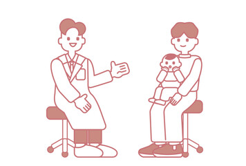 医師の説明を受ける父親と赤ちゃん