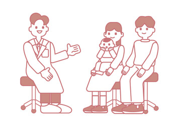 医師の説明を受ける夫婦と赤ちゃん