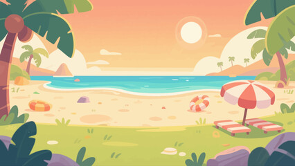 Summer beach background picture, hand-drawn vector illustration, game art scene