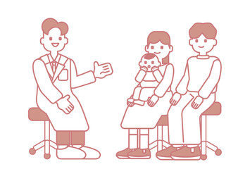 医師の説明を受ける夫婦と赤ちゃん