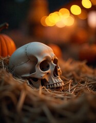 Pile of hay with  spider webs and skull, bokeh lights of evening Halloween market