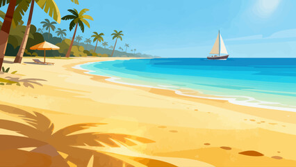 Summer beach background picture, hand-drawn vector illustration, game art scene