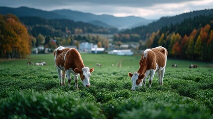 Cows Grazing on Lush Green Pasture with Autumnal Trees and Distant Mountains in a Cinematic HDR Landscape