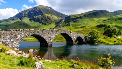 Mountain bridge over tranquil lake
