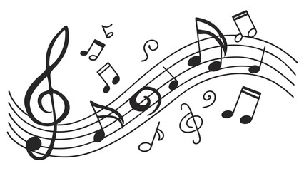 Illustration of musical notes and a treble clef arranged on a wavy staff in black and white style