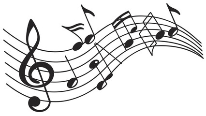 Black and white illustration of musical notes on staff with treble clef and flowing curved lines