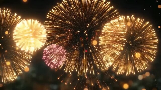 Celebratory New Years Eve fireworks illuminate the night sky with vibrant colors above the city skyline