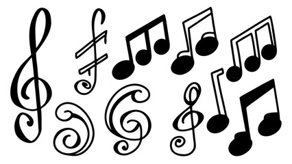 Illustration of various musical symbols including treble clef and quarter notes in black and white