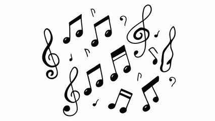 A collection of musical notes and treble clefs scattered across a white background in black ink style