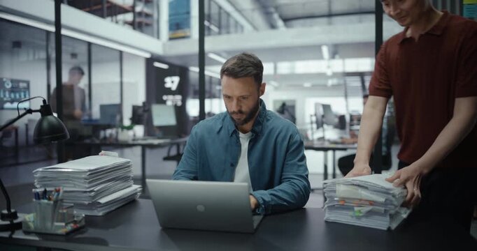 Montage of a Stressed Male Office Worker Struggling with Heavy Workloads on His Laptop. Scenes Include Frustration with Documents, Exhaustion From Deadlines and Closing the Computer in Defeat