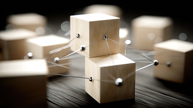 Networked wooden cubes on a dark surface.