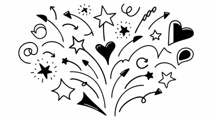 Hand drawn doodle elements featuring arrows stars hearts swirls and abstract shapes in black and white style