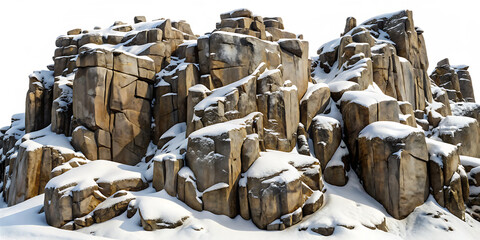  snow covered rocks and cliffs isolated on white background ,PNG. AI Generated