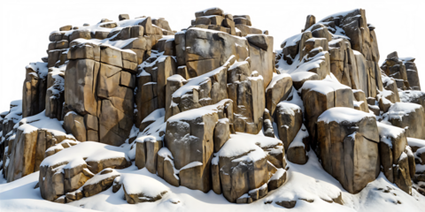  snow covered rocks and cliffs isolated on white background ,PNG. AI Generated
