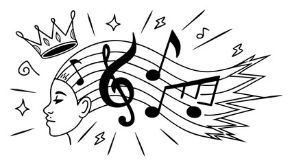 Woman with crown and musical notes flowing from her head in a black and white line drawing design