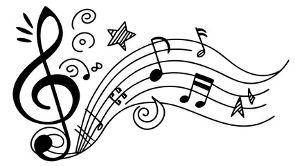 Illustration of musical notes and symbols on a stave with a treble clef and star doodle art