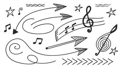 Hand drawn music notes, arrows and stars with swirls and lines in a doodle style on a white background