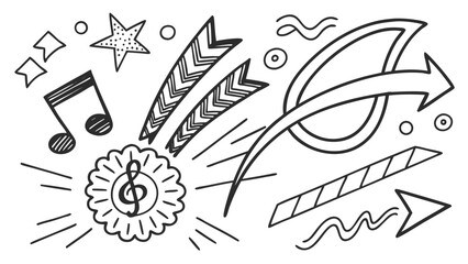 Hand drawn doodle with musical note, stars, arrows and other decorative elements in black and white style