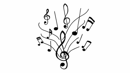 Illustration of a treble clef surrounded by various musical notes and swirling lines on a white background