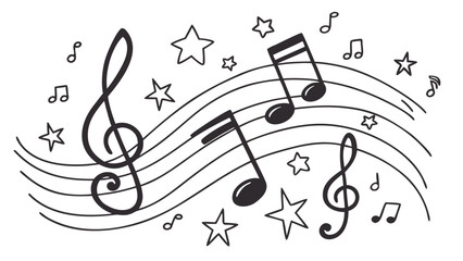 Illustration of musical notes and stars on curved lines creating a whimsical and artistic design element