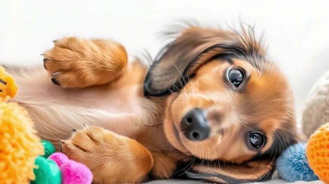A cute dachshund puppy lying on its side, surrounded by colorful plush toys.