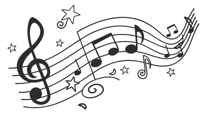 Illustration of a treble clef and musical notes on staff lines with stars and swirls decoration
