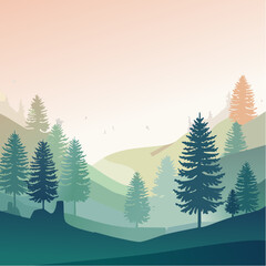 Obraz premium Serene Forest Landscape with Evergreen Trees and Rolling Hills at Sunrise