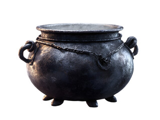 A rustic, dark, empty cauldron with handles, isolated on a transparent background