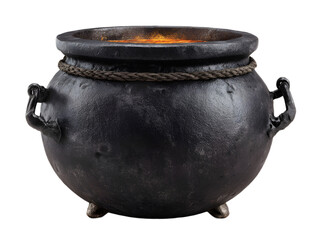 A dark, rustic cauldron with handles, containing a glowing orange fire, isolated on a transparent background