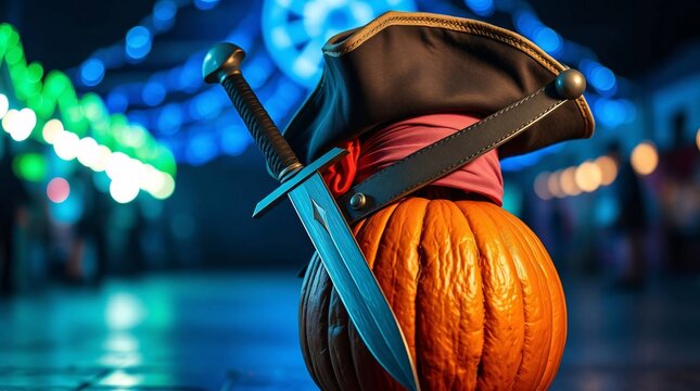 Pirate costume prop sword and hat with pumpkin and Halloween event