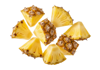 Fresh Pineapple Chunks and Slices Isolated on White Background: Sweet Tropical Fruit Pieces Ready to Eat