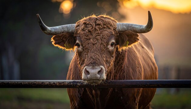 Close-up of a brown bull at sunrise - Powered by Adobe