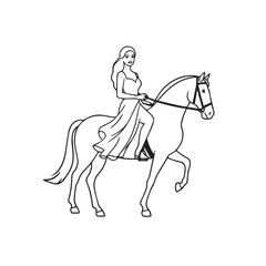 Black and white line art of a beautiful woman with perfect body riding horse elegant minimalist illustration