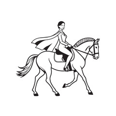 Black and white line art of a beautiful woman with perfect body riding horse elegant minimalist illustration