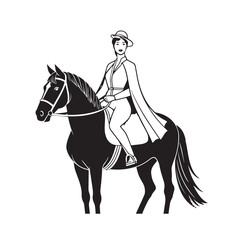 Black and white line art of a beautiful woman with perfect body riding horse elegant minimalist illustration
