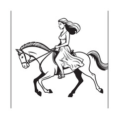 Black and white line art of a beautiful woman with perfect body riding horse elegant minimalist illustration
