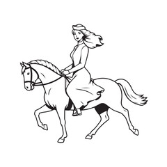 Fototapeta premium Black and white line art of a beautiful woman with perfect body riding horse elegant minimalist illustration