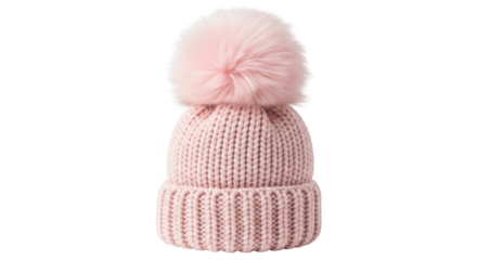 Pink knitted hat with pompom isolated on transparent background for winter season
