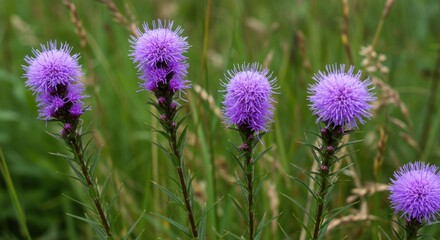 Obraz premium Purple Liatris Spicata Flowers Blooming in Summer Garden Meadow 