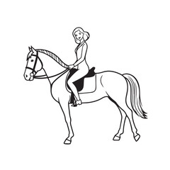 Black and white line art of a beautiful woman with perfect body riding horse elegant minimalist illustration