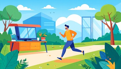 Dynamic Vector Illustration: Man Running Outdoors, Desk with Computer, Vibrant Colors