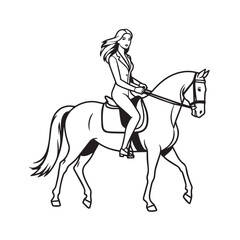 Black and white line art of a beautiful woman with perfect body riding horse elegant minimalist illustration