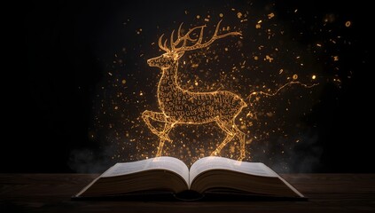 Naklejka premium Glowing Animal Illustration Rising from an Open Book horn deer