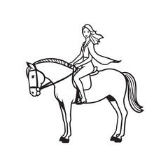 Black and white line art of a beautiful woman with perfect body riding horse elegant minimalist illustration
