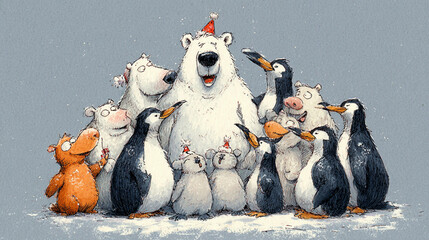 The image depicts a gathering of various animals in a snowy environment. A large white bear stands in the center, wearing a red hat and appearing to smile