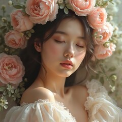 Naklejka premium Illustration of young woman with eyes closed, adorned with floral crown of soft pink roses. Delicate features, serene expression evoke sense of peace, natural beauty. Pastel color palette, gentle